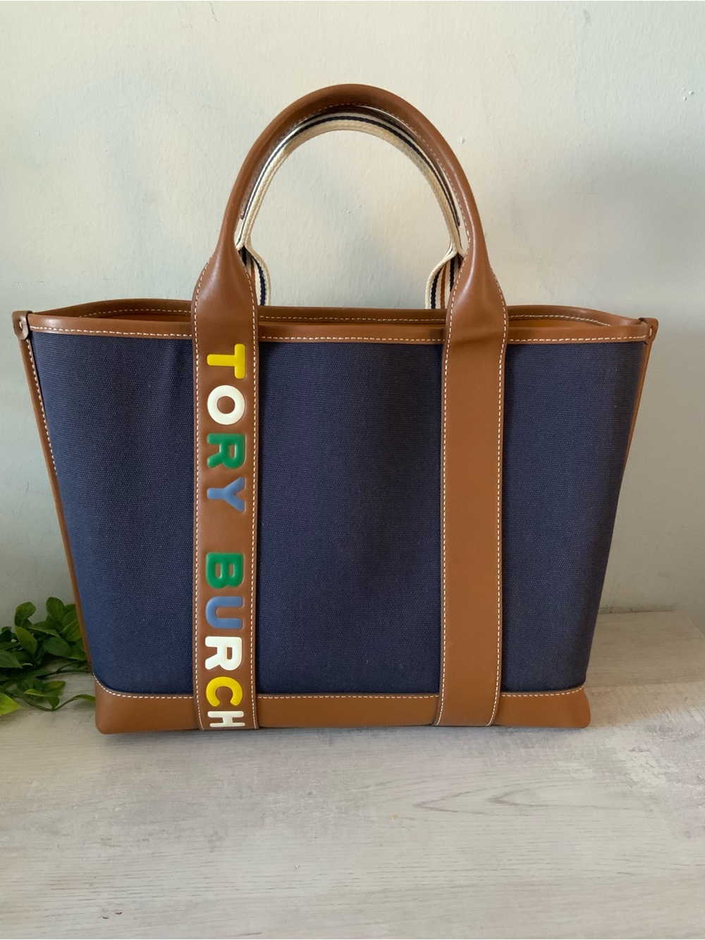 TORY BURCH PERRY MULTI STRIPE LOGO CANVAS & LEATHER TOTE BAG
